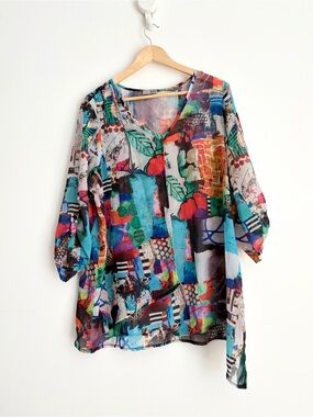 Zoé Blue Green Abstract Print Handkerchief Hem Tunic Blouse L